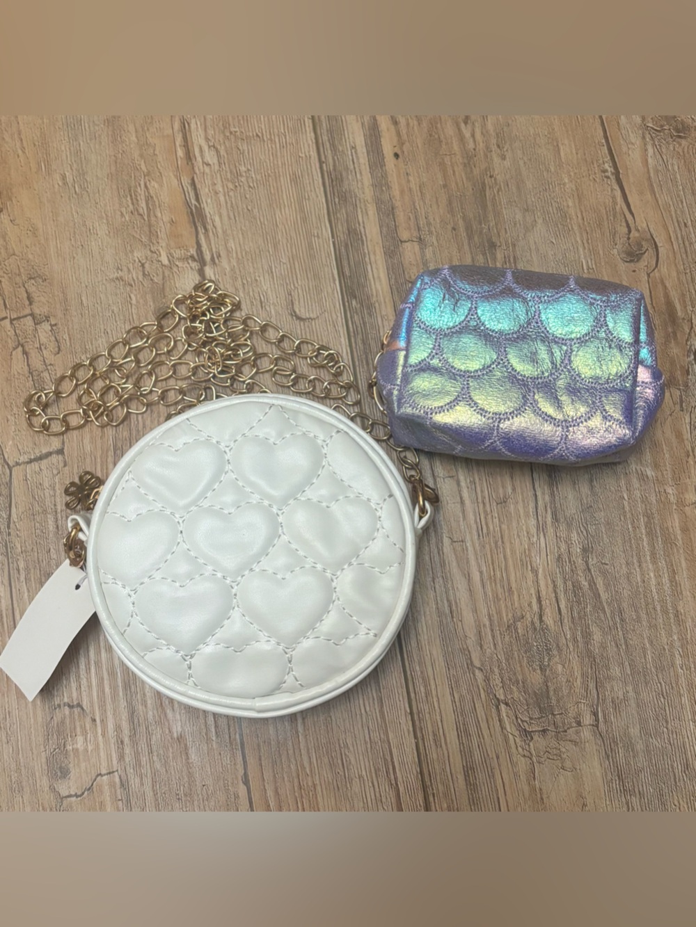 Little Girls White Quilted Round Crossbody Bag with Gold Chain & Mermaid Coin